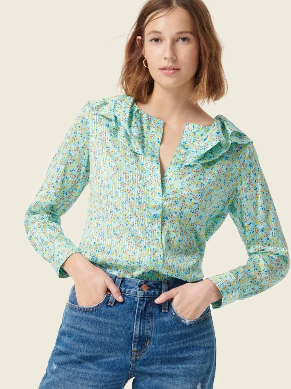 NWT J. Crew Size Small Pink Multi Ruffle Button Front Top in Field Day Print NEW